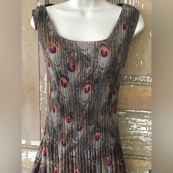 Veeca Dress Peacock Feather Print Multi Color XS Fit And Flare - Picture 3 of 7